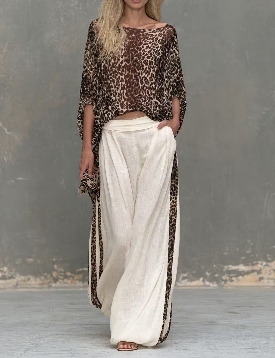 Leopard-print top and beige wide-leg trousers set