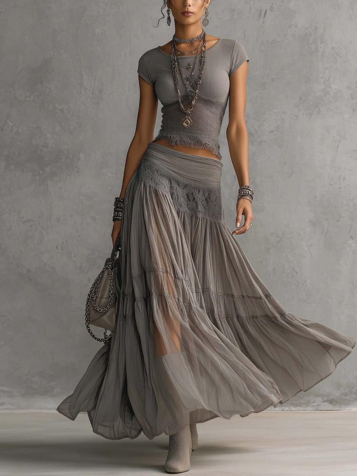 ELENA | LACE PANELED MAXI SKIRT SET