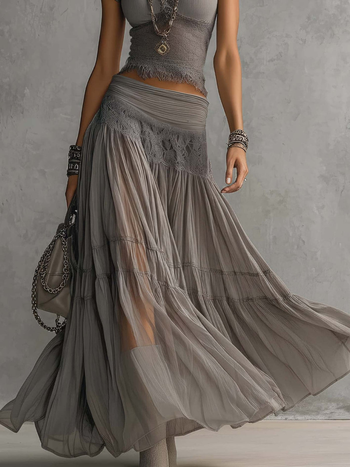ELENA | LACE PANELED MAXI SKIRT SET