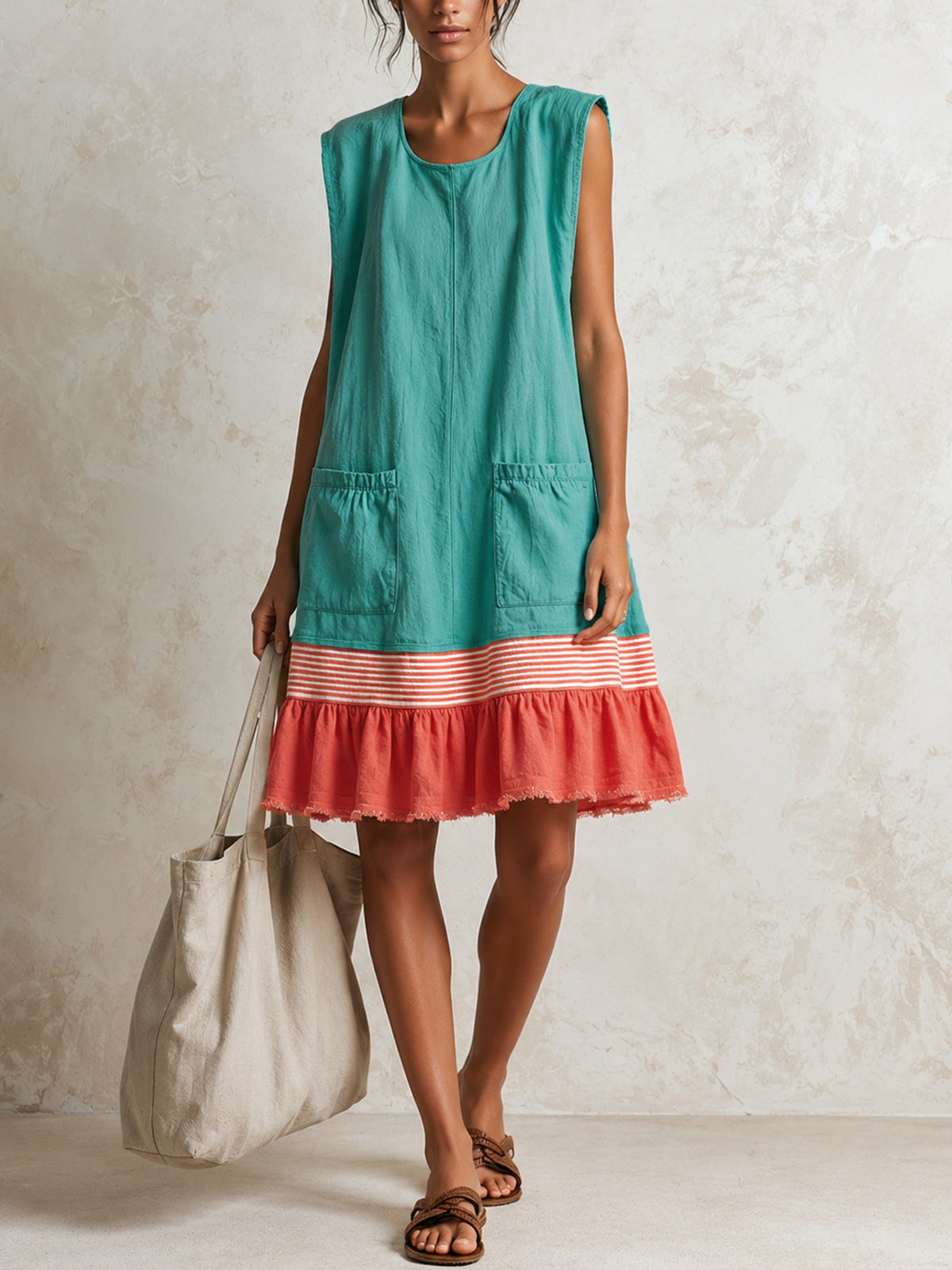 Blue Sleeveless Red Striped And Ruffled Loose Mini Dress