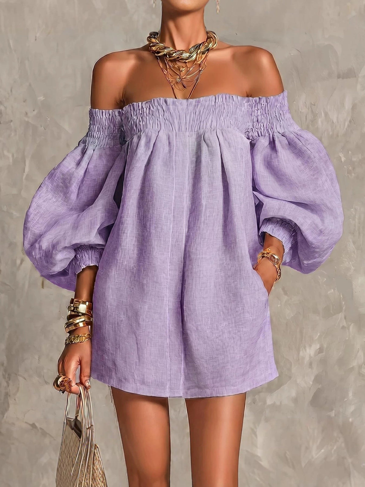 Pink Off-shoulder Lantern Sleeve A-line Loose Mini Dress