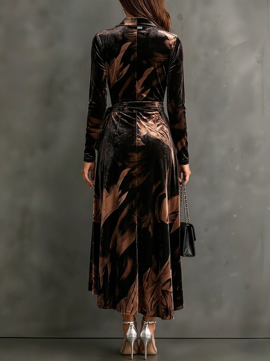 Velvet Wrap Collared Long Sleeve Abstract Print Tie Waist Asymmetrical Hem  Midi Dress