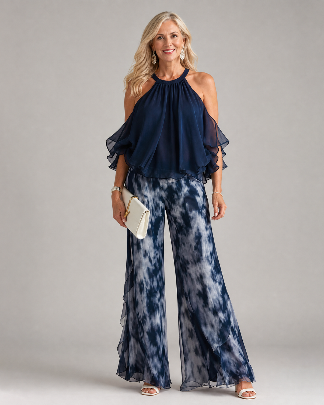 Xylara | Layered Halter Neck Printed Wide Leg Jumpsuit