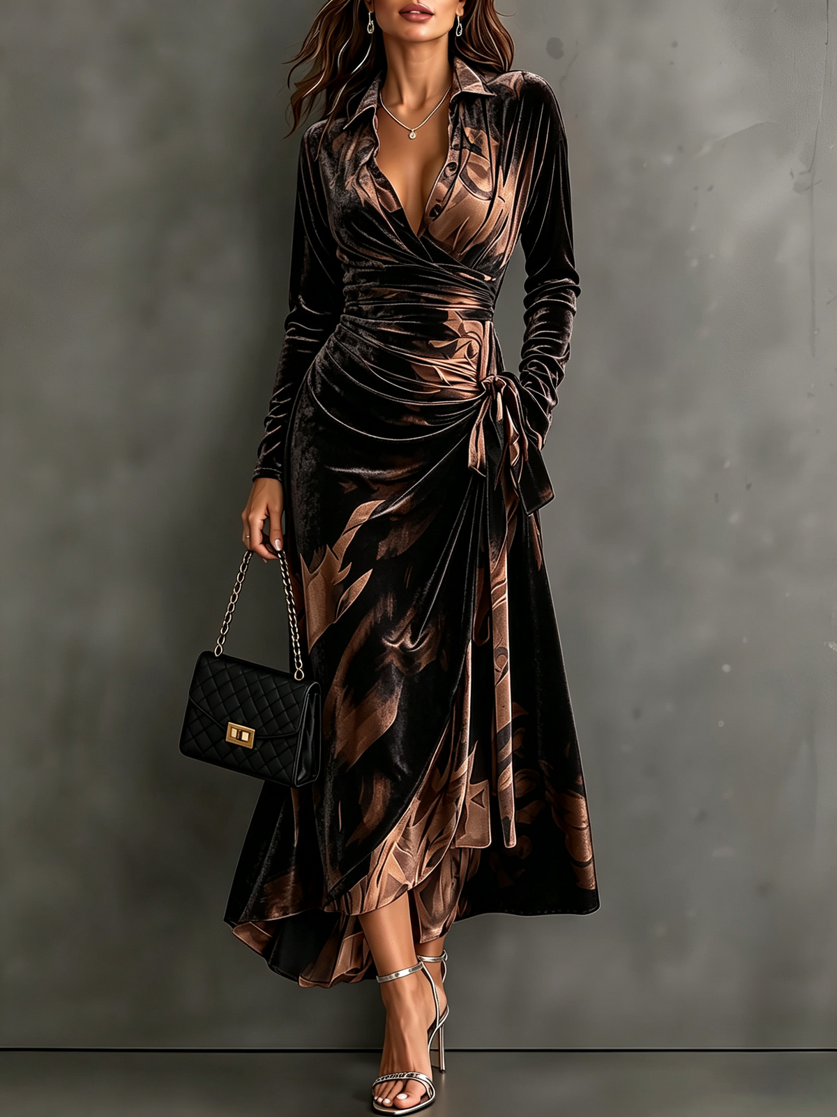 Velvet Wrap Collared Long Sleeve Abstract Print Tie Waist Asymmetrical Hem  Midi Dress