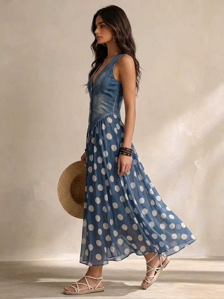 VALERIA | DENIM & CHIFFON MIDI DRESS
