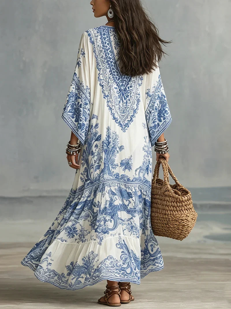 IRIS | BLUE PORCELAIN PRINT V-NECK DRESS