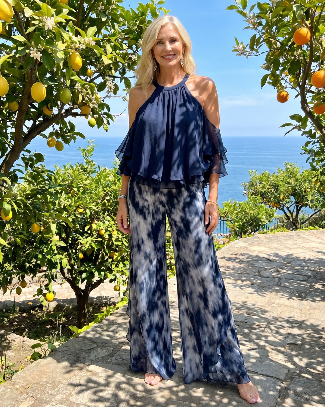 Xylara | Layered Halter Neck Printed Wide Leg Jumpsuit