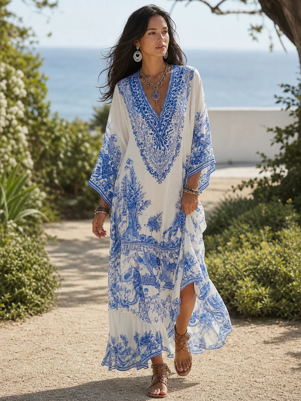 IRIS | BLUE PORCELAIN PRINT V-NECK DRESS