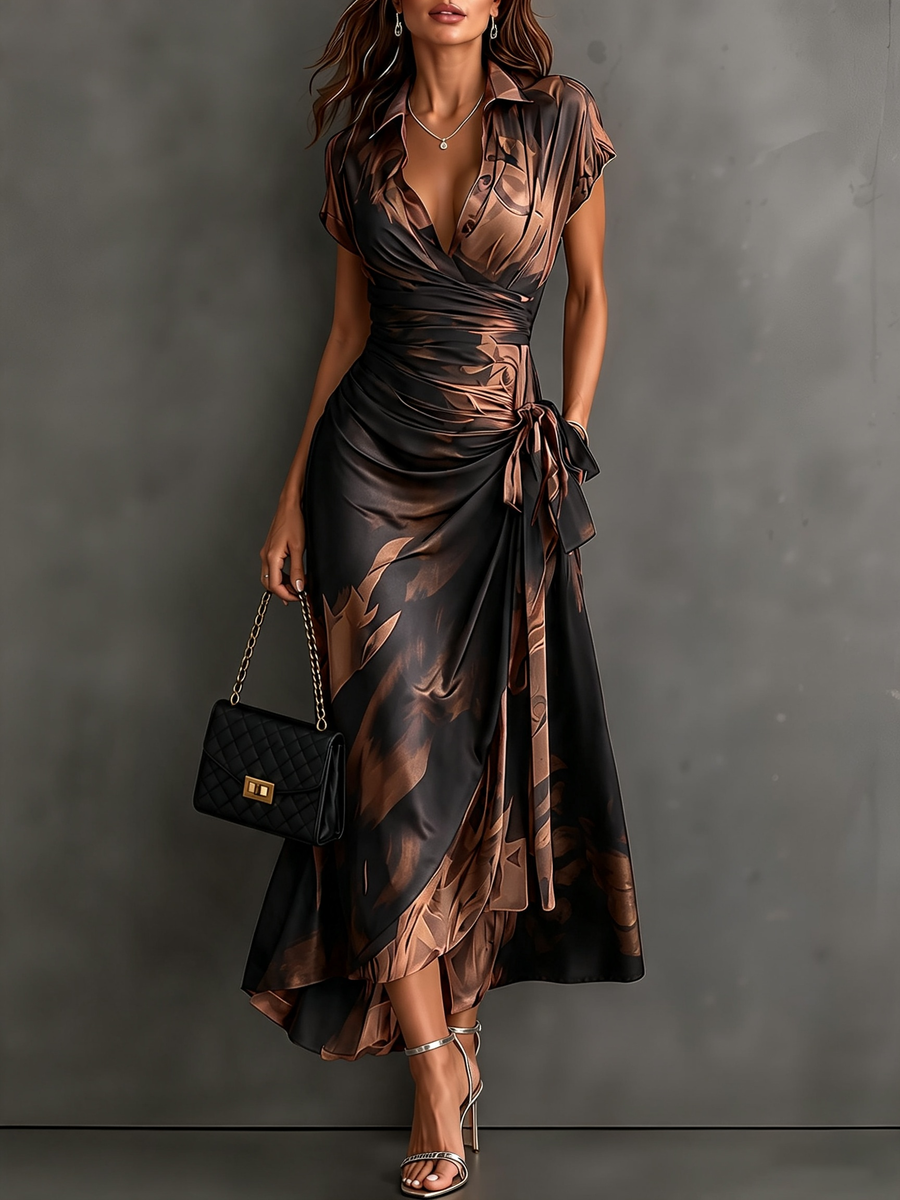 Brown Black Abstract Print Wrap Midi Dress