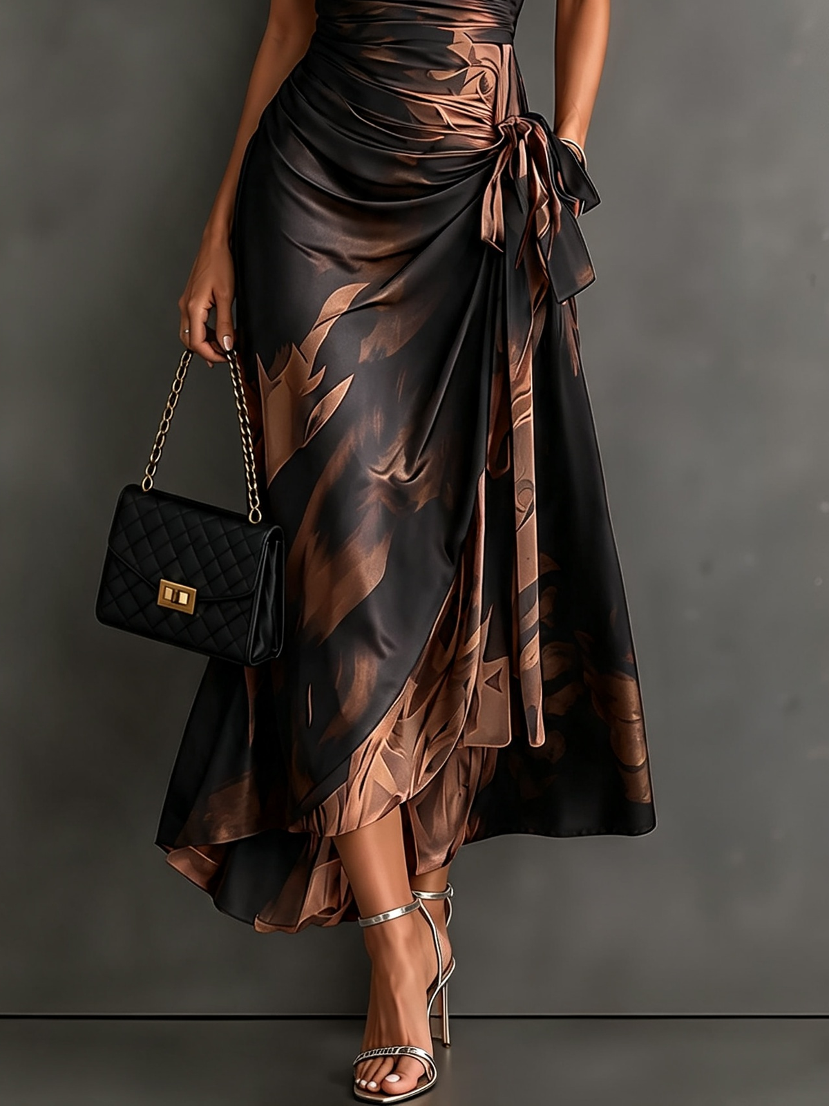 Brown Black Abstract Print Wrap Midi Dress