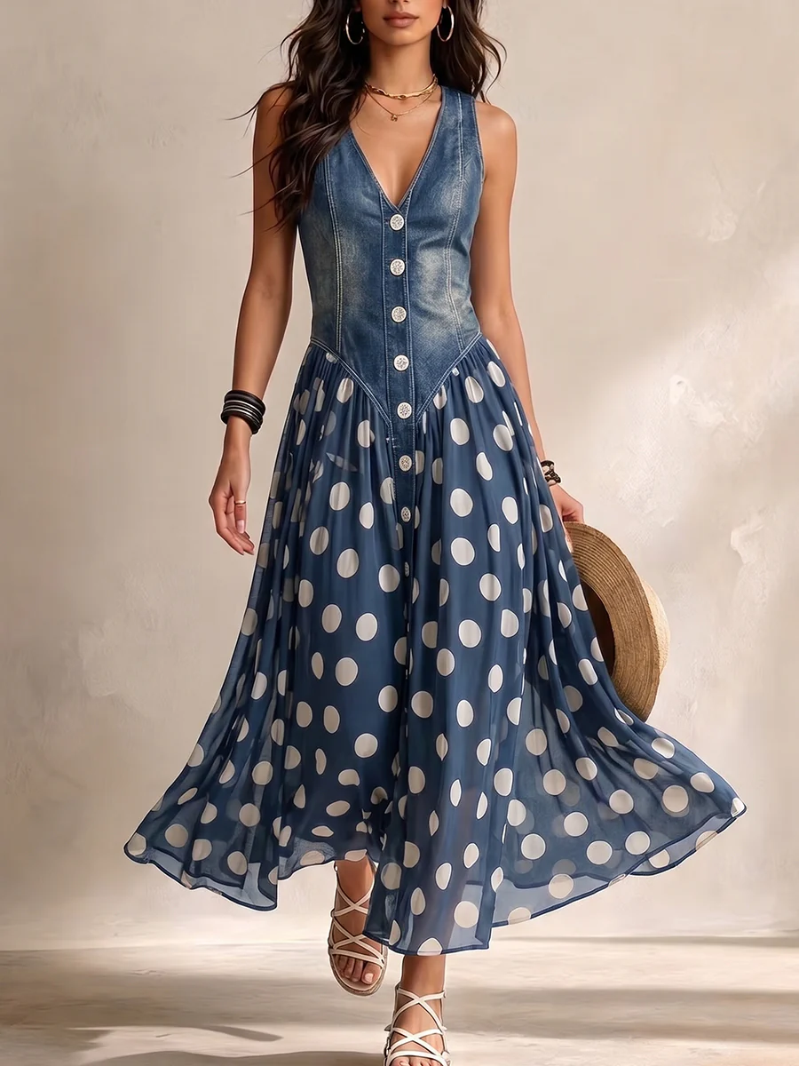 VALERIA | DENIM & CHIFFON MIDI DRESS