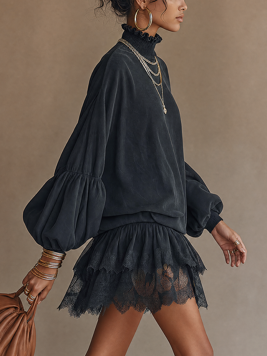 Black Faux Suede High Neck Lace Panel Ruffle Mini Dress