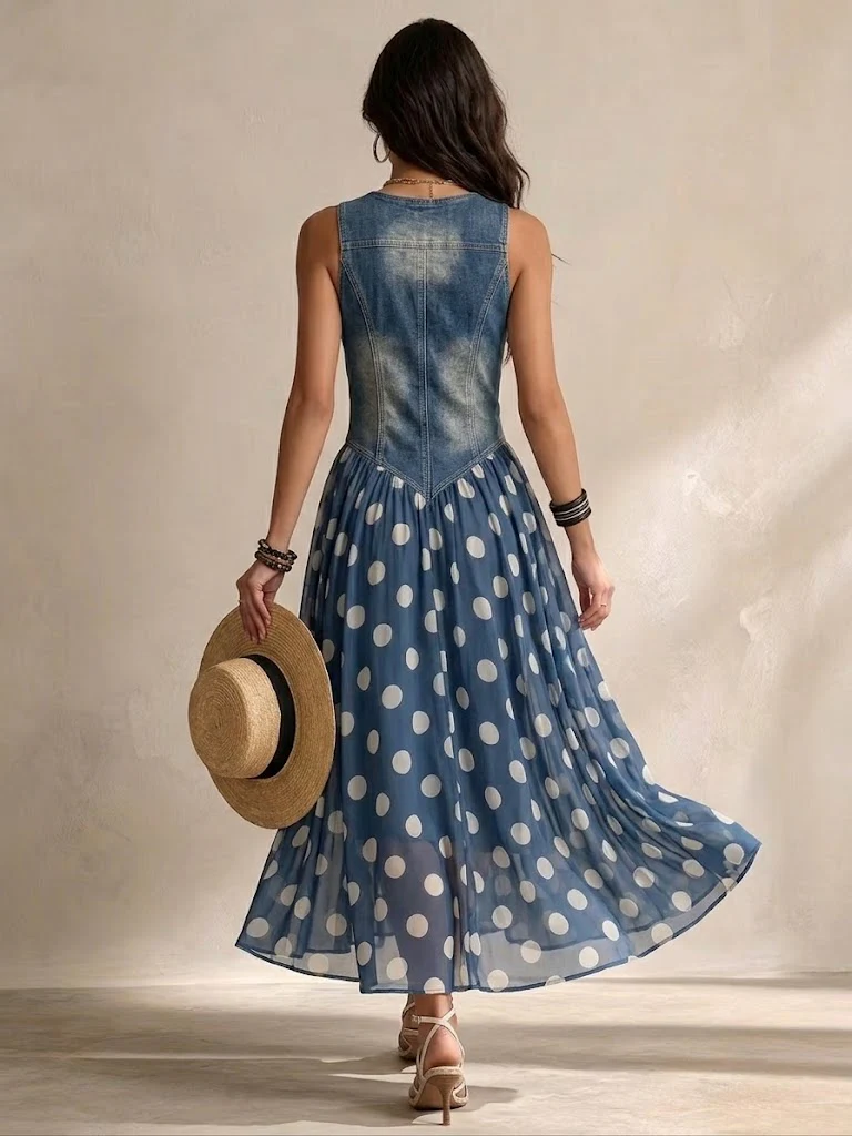 VALERIA | DENIM & CHIFFON MIDI DRESS