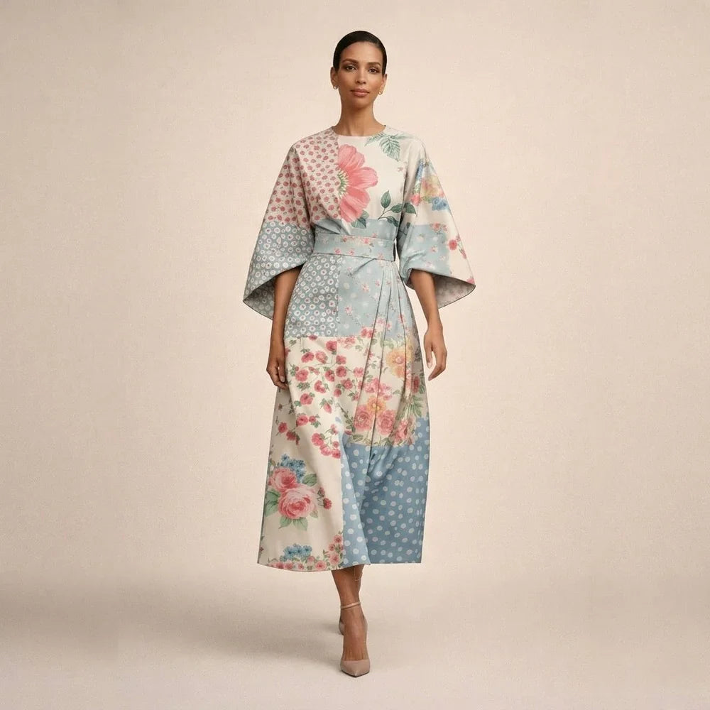 CLEMENTINE | Floral Midi with Sculpted Waist and Airy Elegance