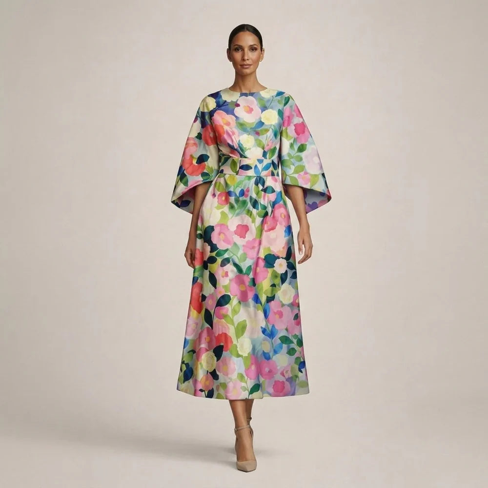 CLEMENTINE | Floral Midi with Sculpted Waist and Airy Elegance