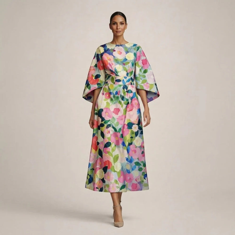 CLEMENTINE | Floral Midi with Sculpted Waist and Airy Elegance