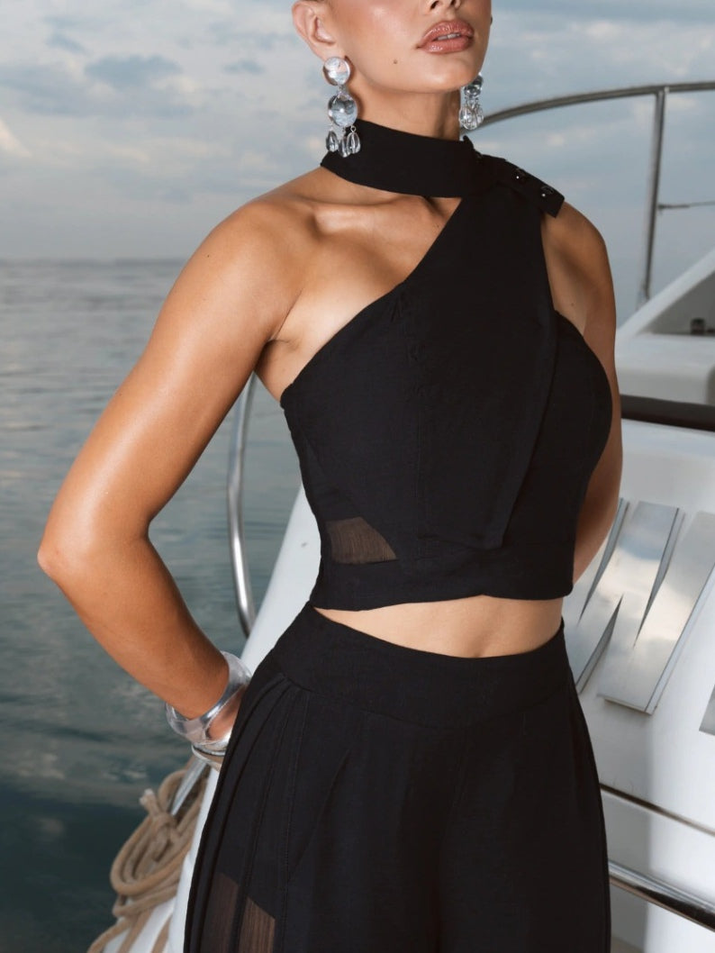 Black asymmetric top and splicing sheer tulle harem pants set