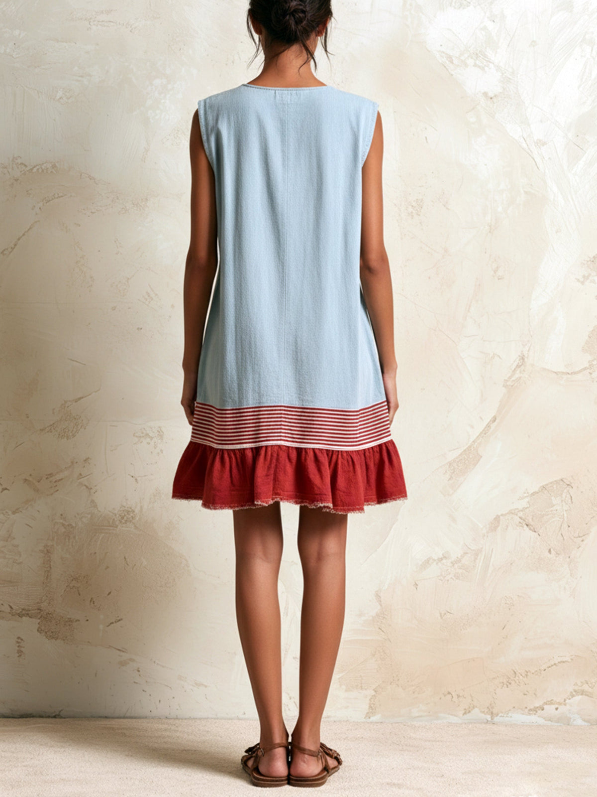 Blue Sleeveless Red Striped And Ruffled Loose Mini Dress