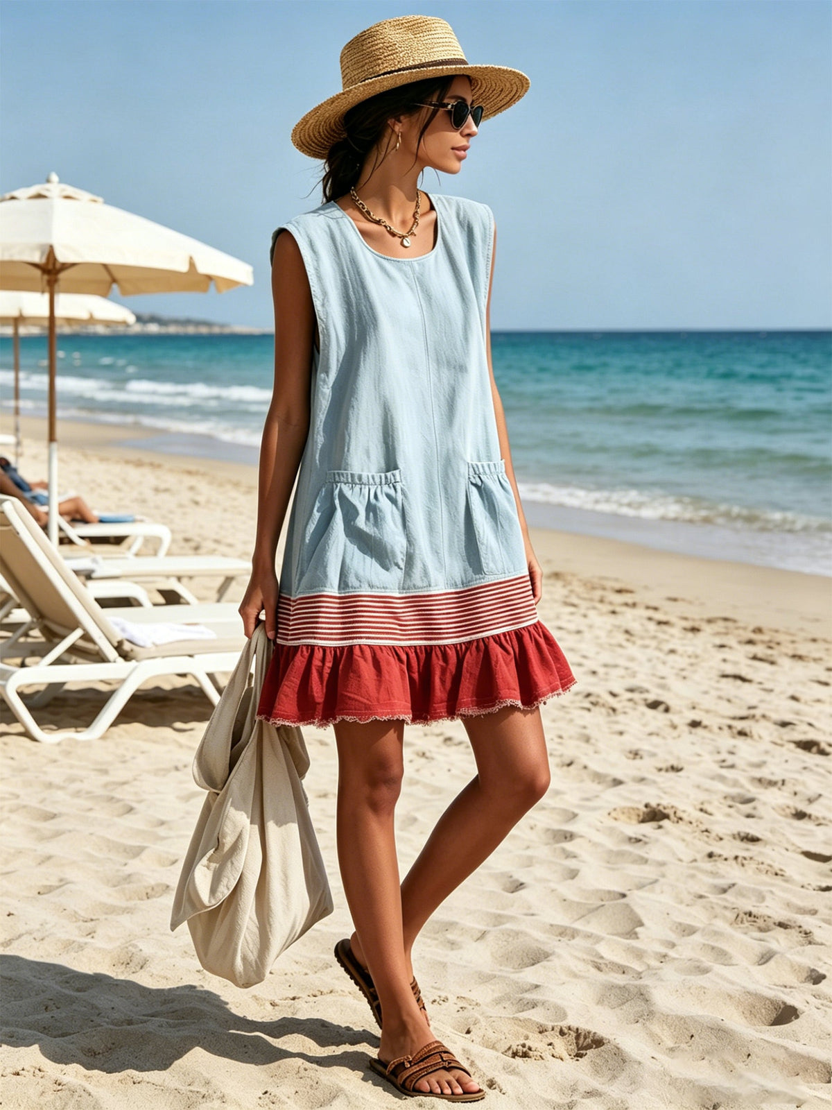 Blue Sleeveless Red Striped And Ruffled Loose Mini Dress
