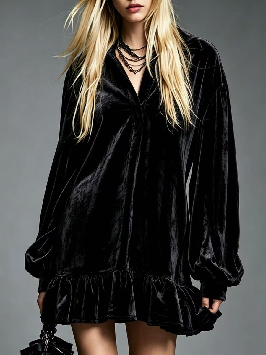 Velvet Mini Dress with Lantern Sleeves Ruffled Hem