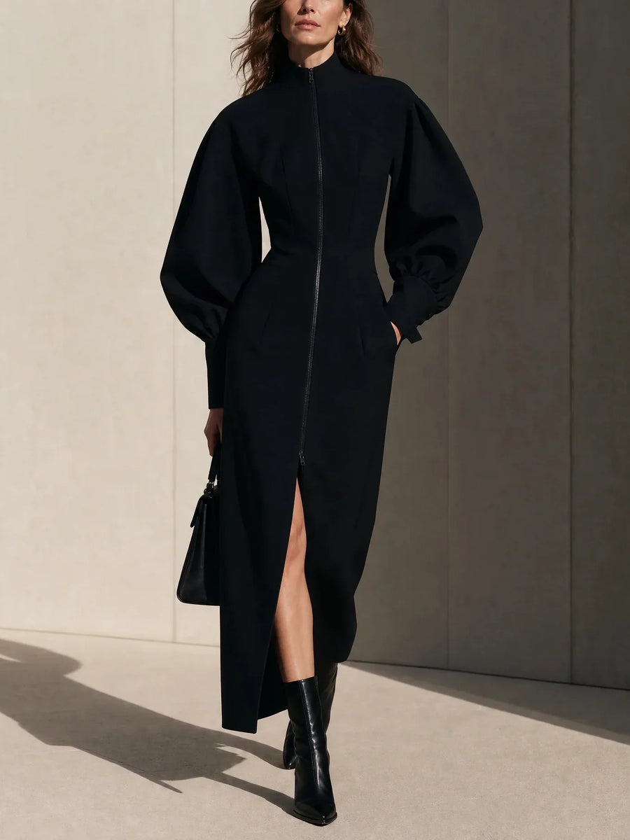 LORI | BLACK FRONT-ZIP PUFF-SLEEVE MAXI DRESS