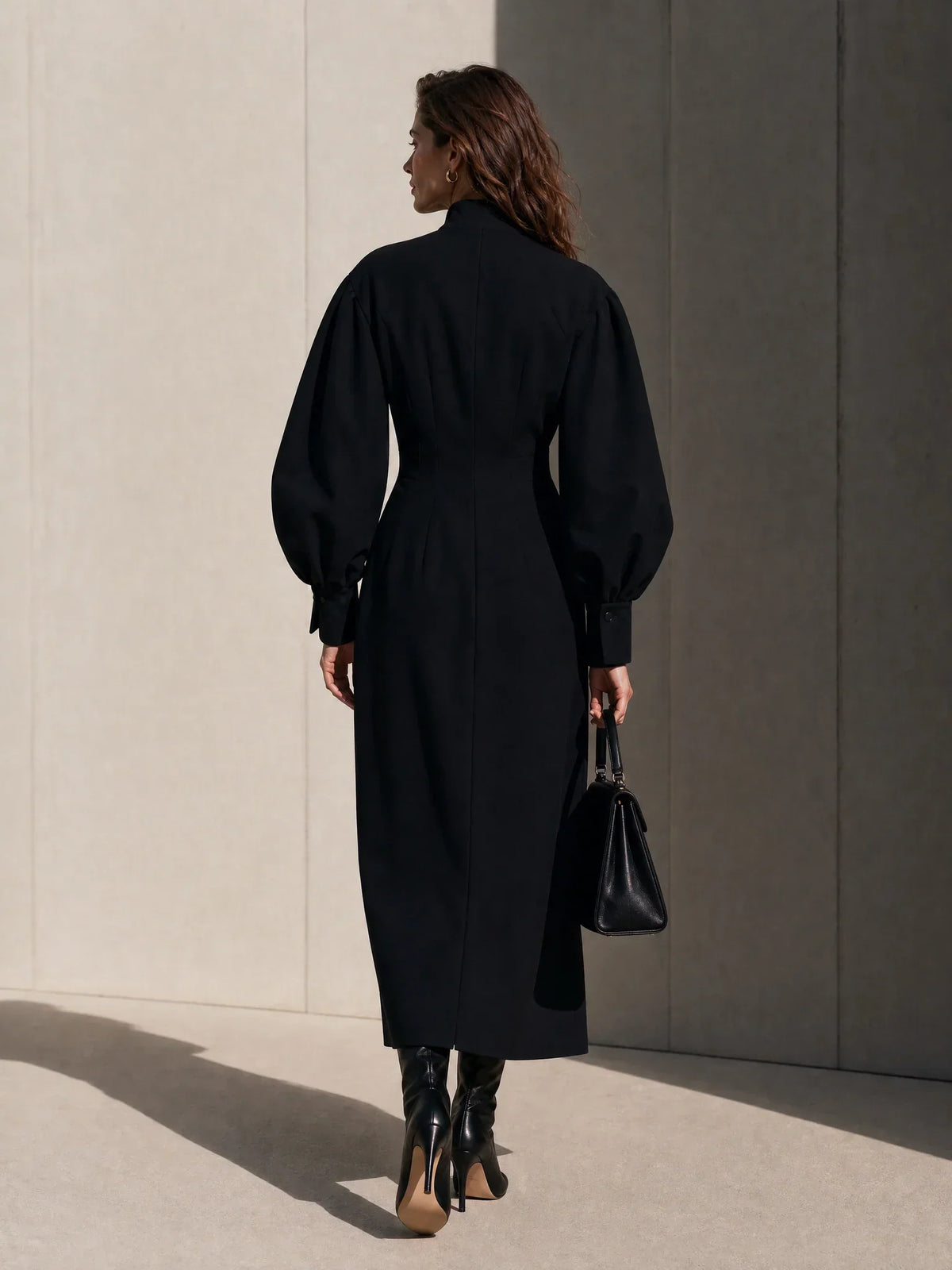 LORI | BLACK FRONT-ZIP PUFF-SLEEVE MAXI DRESS