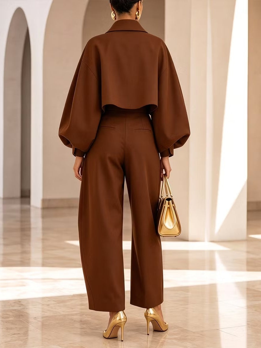 Brown Cropped Balloon‑Sleeve Shirt Jacket & High Waist Pleated Balloon Pants Set