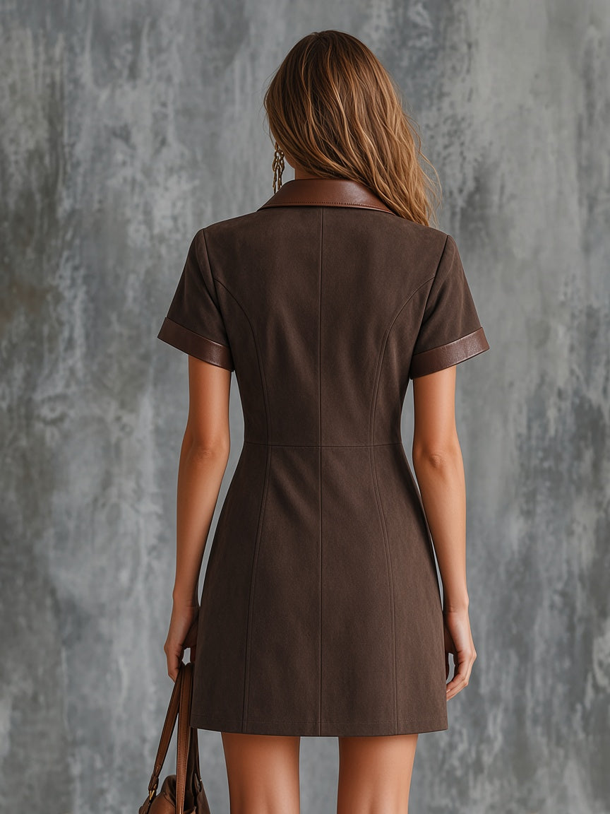 Brown Faux Suede Leather-Trim Blazer Mini Dress