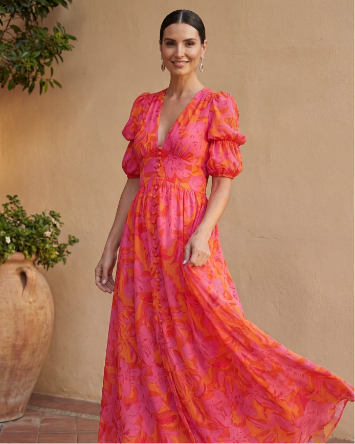 Zarelle | Puff Sleeve V Neck Bold Floral Print Midi Dress