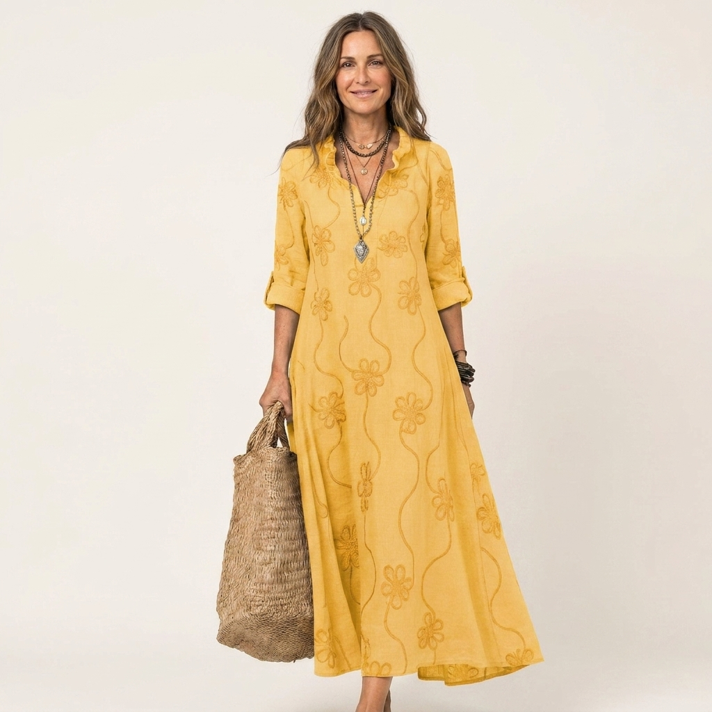 MARIAM | EMBROIDERED COTTON LINEN MAXI DRESS