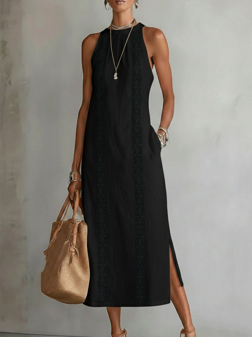 LUCIANA | EMBROIDERED MANDARIN COLLAR MIDI DRESS