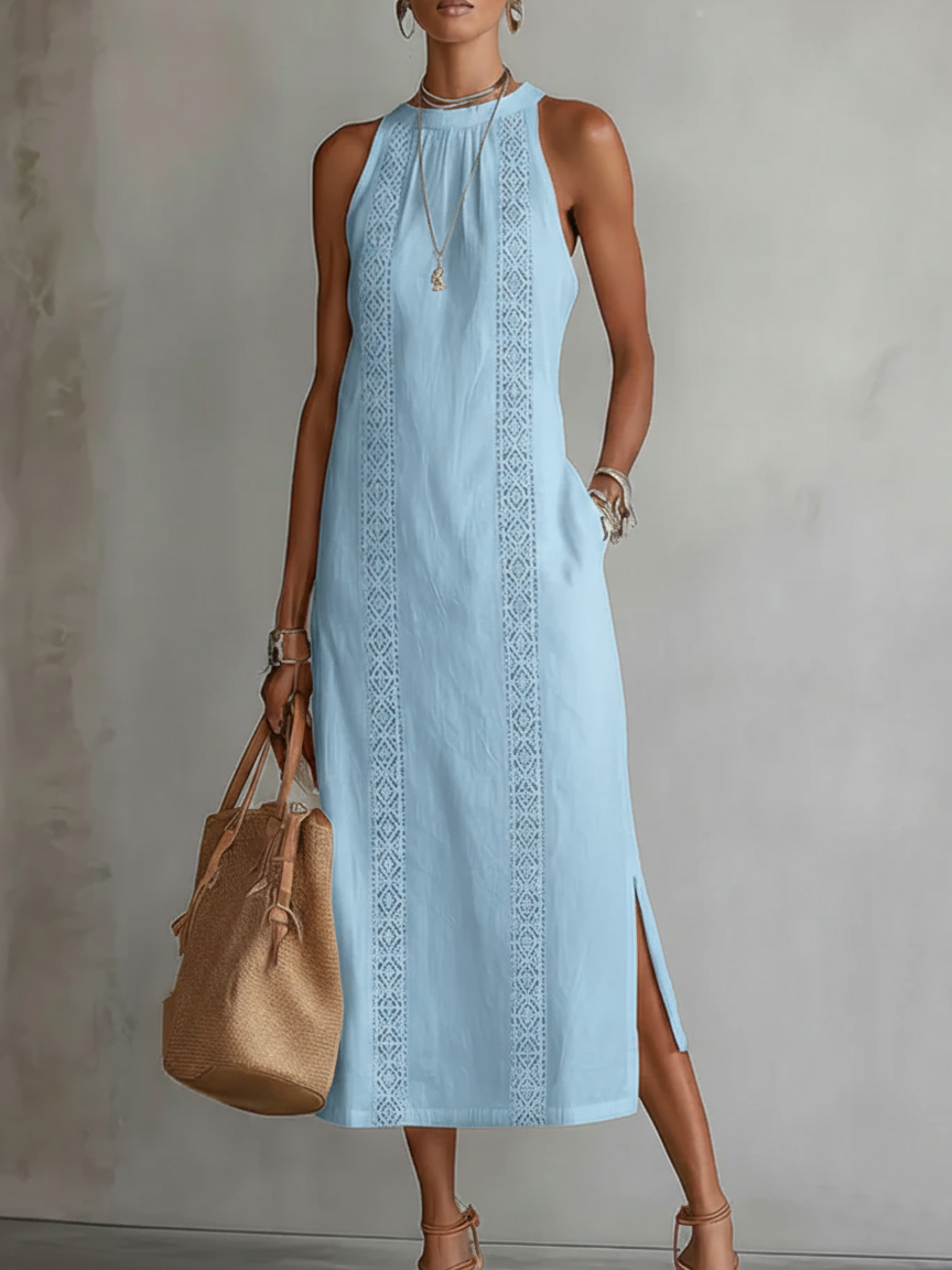 LUCIANA | EMBROIDERED MANDARIN COLLAR MIDI DRESS