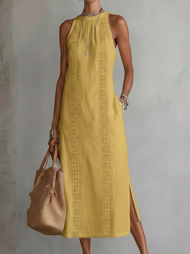 LUCIANA | EMBROIDERED MANDARIN COLLAR MIDI DRESS